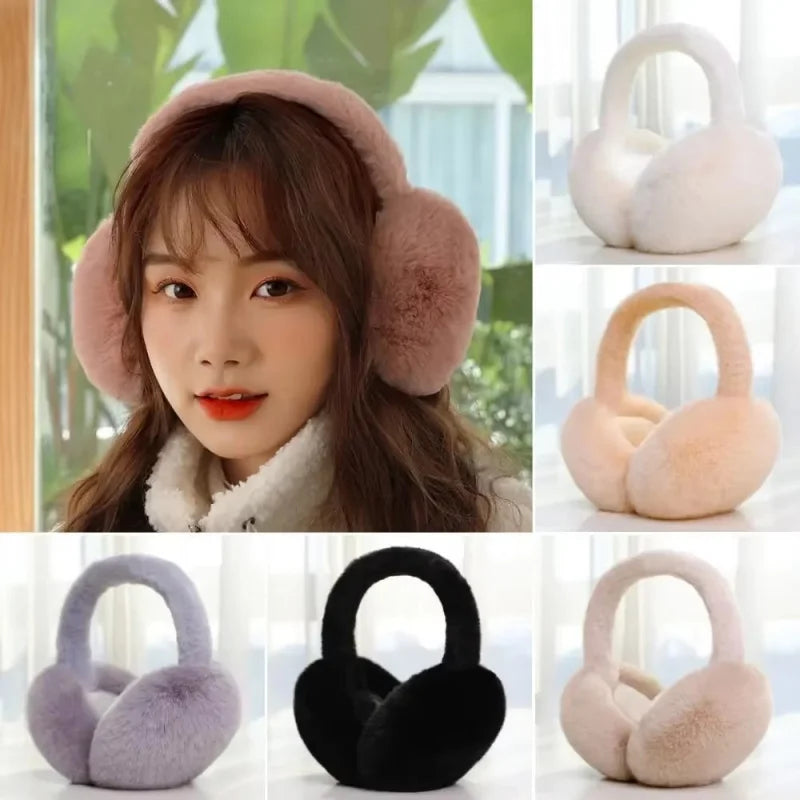 A collection of plush fur ear warmers and earmuffs in various shades including pink, beige, purple, and black.