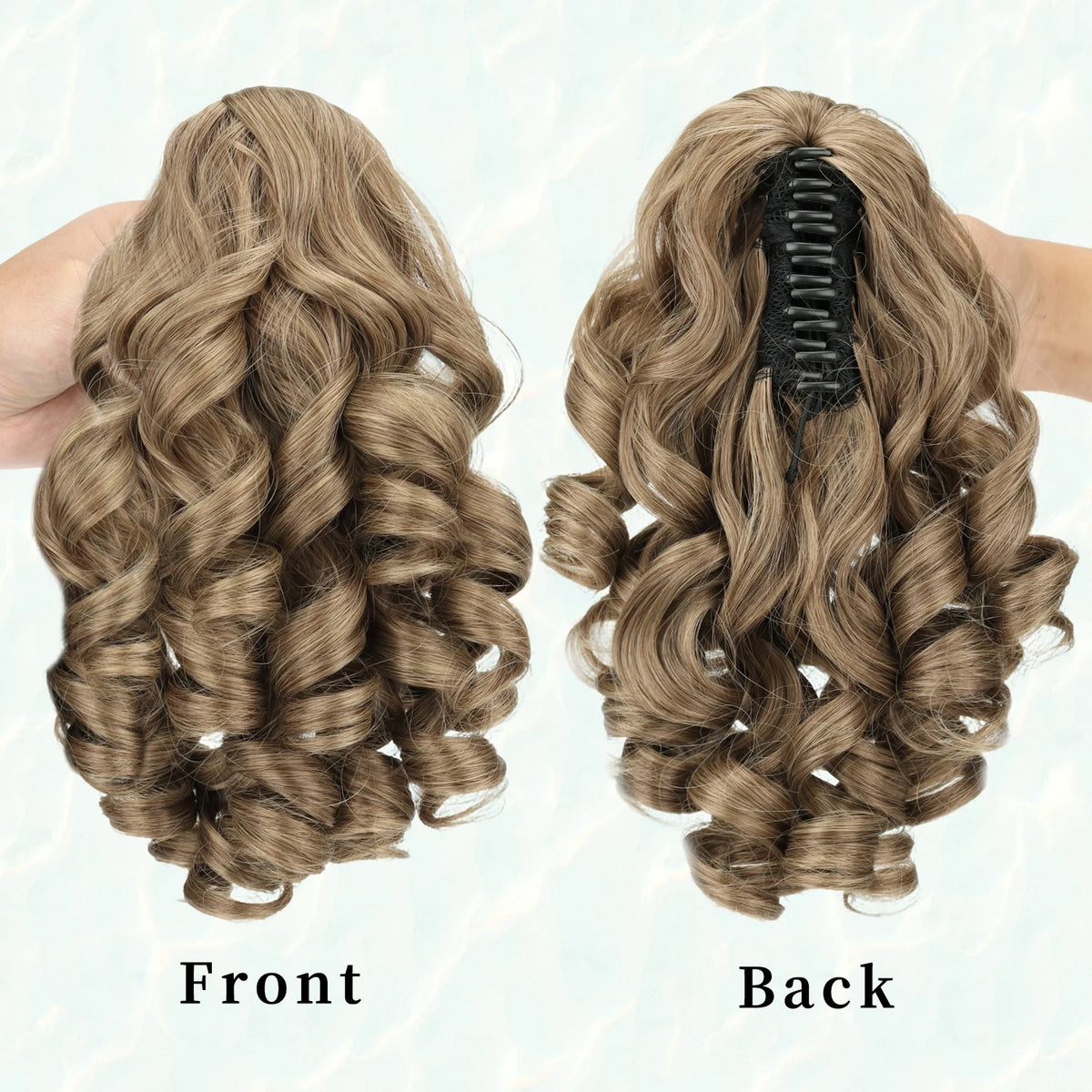 A pair of 14-inch hair extensions showing a front and back view of wavy brown hair