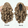 A pair of 14-inch hair extensions showing a front and back view of wavy brown hair