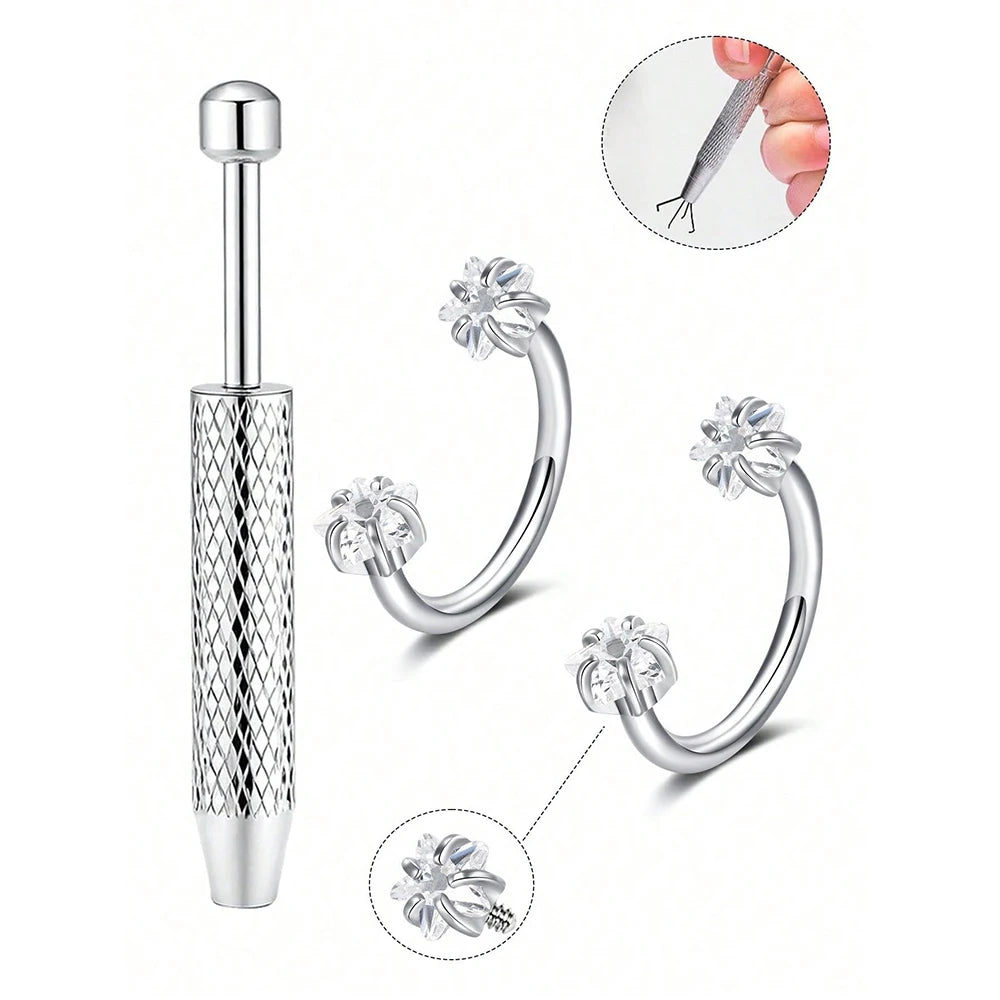 Stainless steel horseshoe nose stud with ball grabber and decorative flower detail.