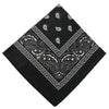 Black paisley bandana fabric with white embroidery and geometric patterns