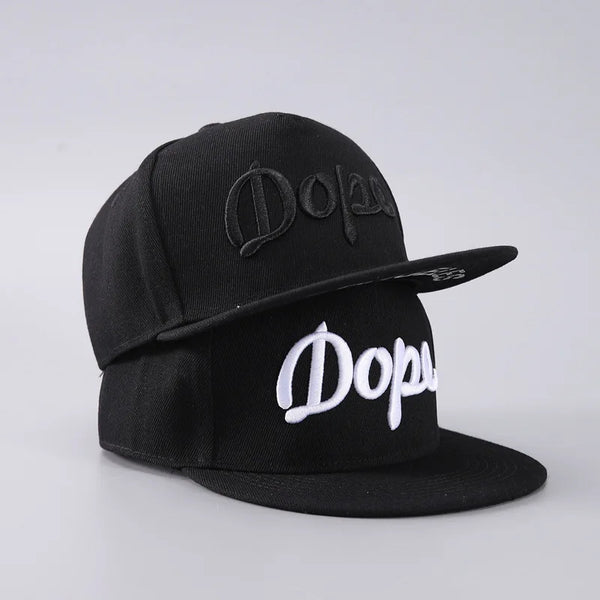 Black luxury baseball cap with white embroidered text on the front