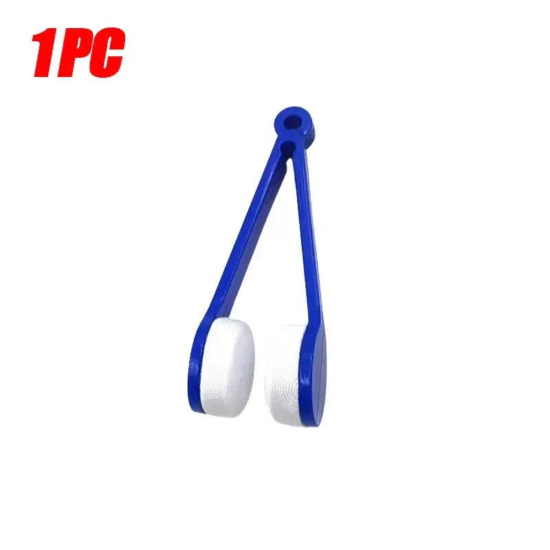 A blue and white portable multifunctional eyeglass cleaning kit with a loop and cleaning pad.