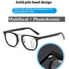 Black multifocal reading glasses with a solid pile head design shown next to a close-up of the temple tip.