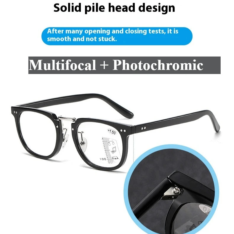Black multifocal reading glasses with a solid pile head design shown next to a close-up of the temple tip.