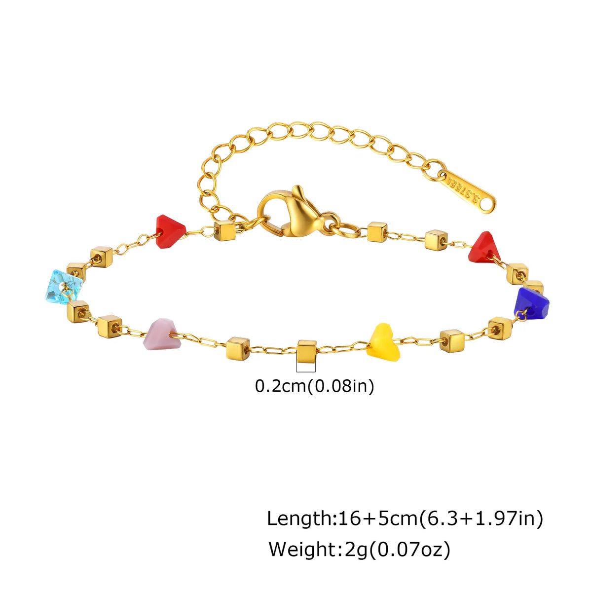 Gold chain choker necklace featuring irregular colored stones like red, blue, and yellow.
