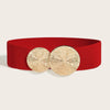 A red ribbed elastic waist belt with two circular gold metallic accents.