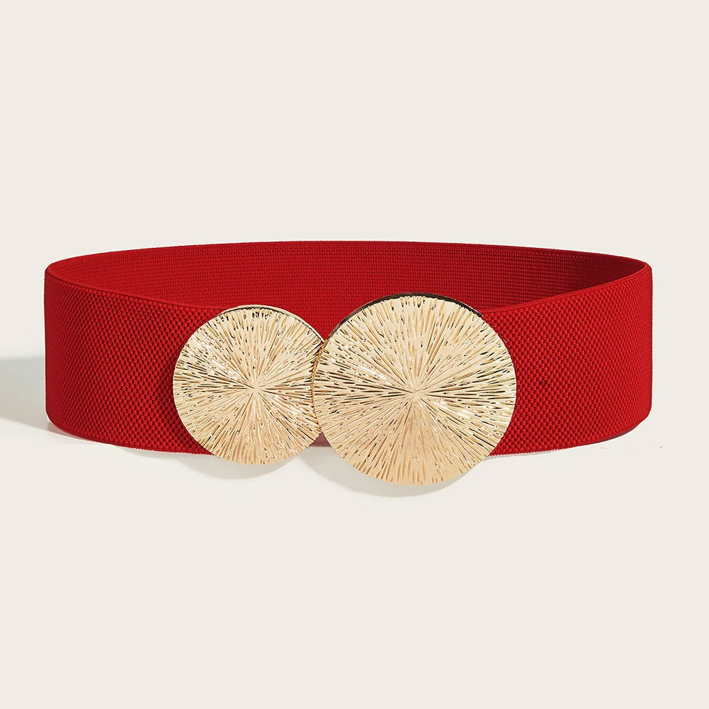 A red ribbed elastic waist belt with two circular gold metallic accents.