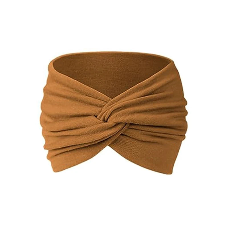 A brown, textured fabric headband is shown folded in an X shape.