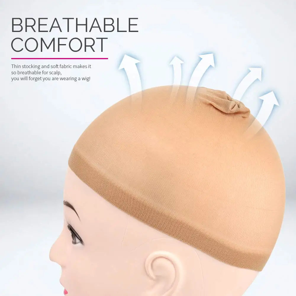 A beige stretch mesh wig cap is shown on a mannequin head, highlighting its breathable comfort.