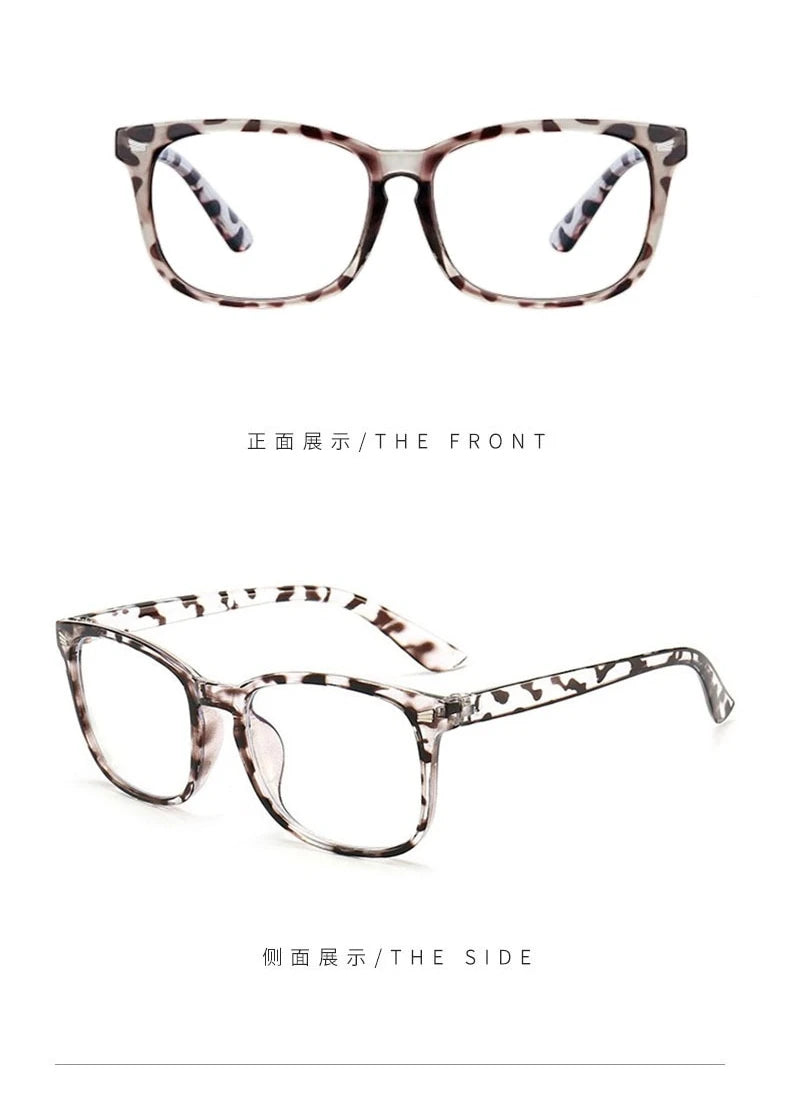 A pair of tortoiseshell patterned, retro square eyeglasses shown from the front and side views.