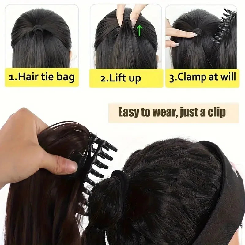 Instructions show how to use a hair tie bag, lift up, and clamp at will for an 18-inch synthetic straight claw clip hair exte