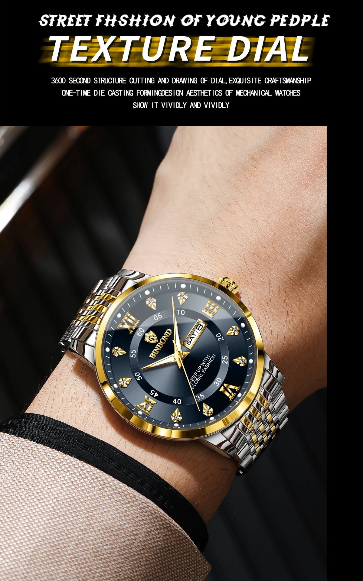 A close-up of a gold-toned watch with a black dial and textured dial, worn on a wrist.