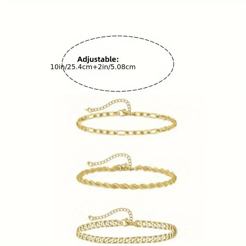 A set of gold-colored flat snake chain anklets, adjustable for various sizes.