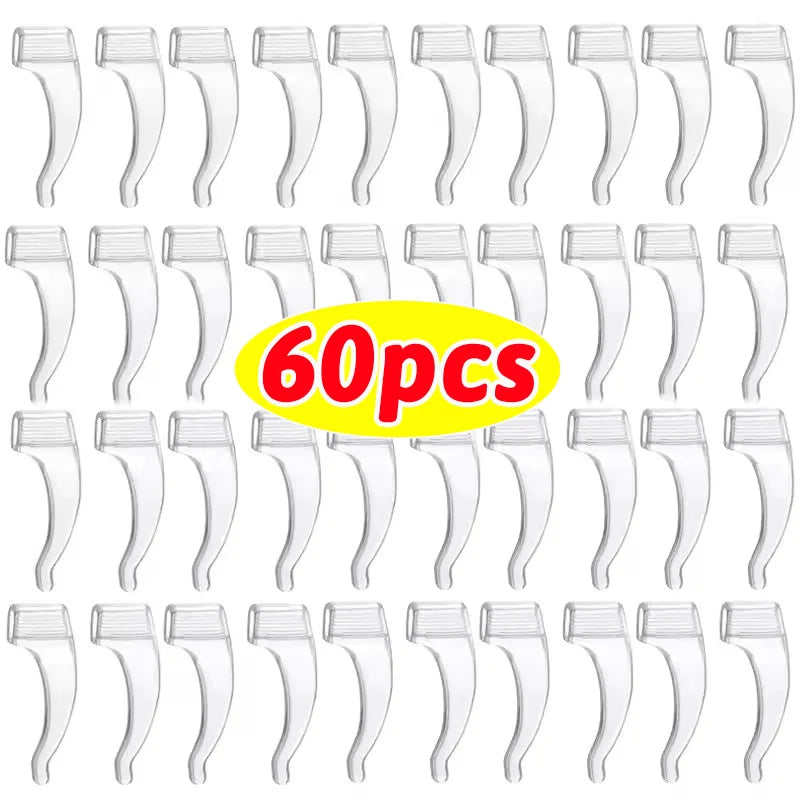 A set of clear silicone anti-slip ear hooks for eyeglasses.