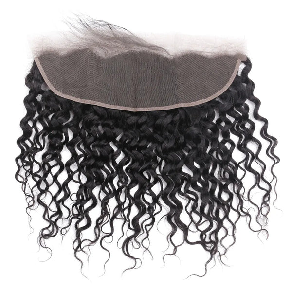 A bundle of dark black deep wave lace frontal human hair extensions with a sheer cap.