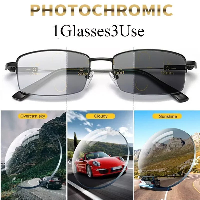 Pair of photochromic glasses demonstrating light tinting for overcast, cloudy, and sunshine conditions.