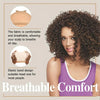 A woman models a purple breathable comfort wig cap with an elastic band design and a fabric shown in detail.