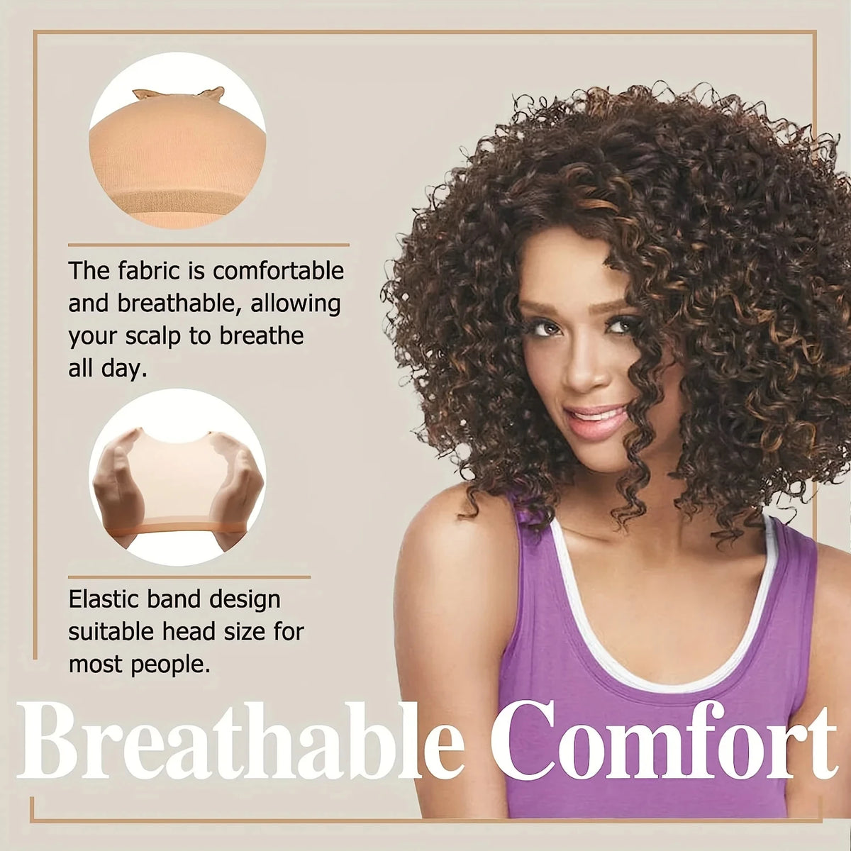 A woman models a purple breathable comfort wig cap with an elastic band design and a fabric shown in detail.