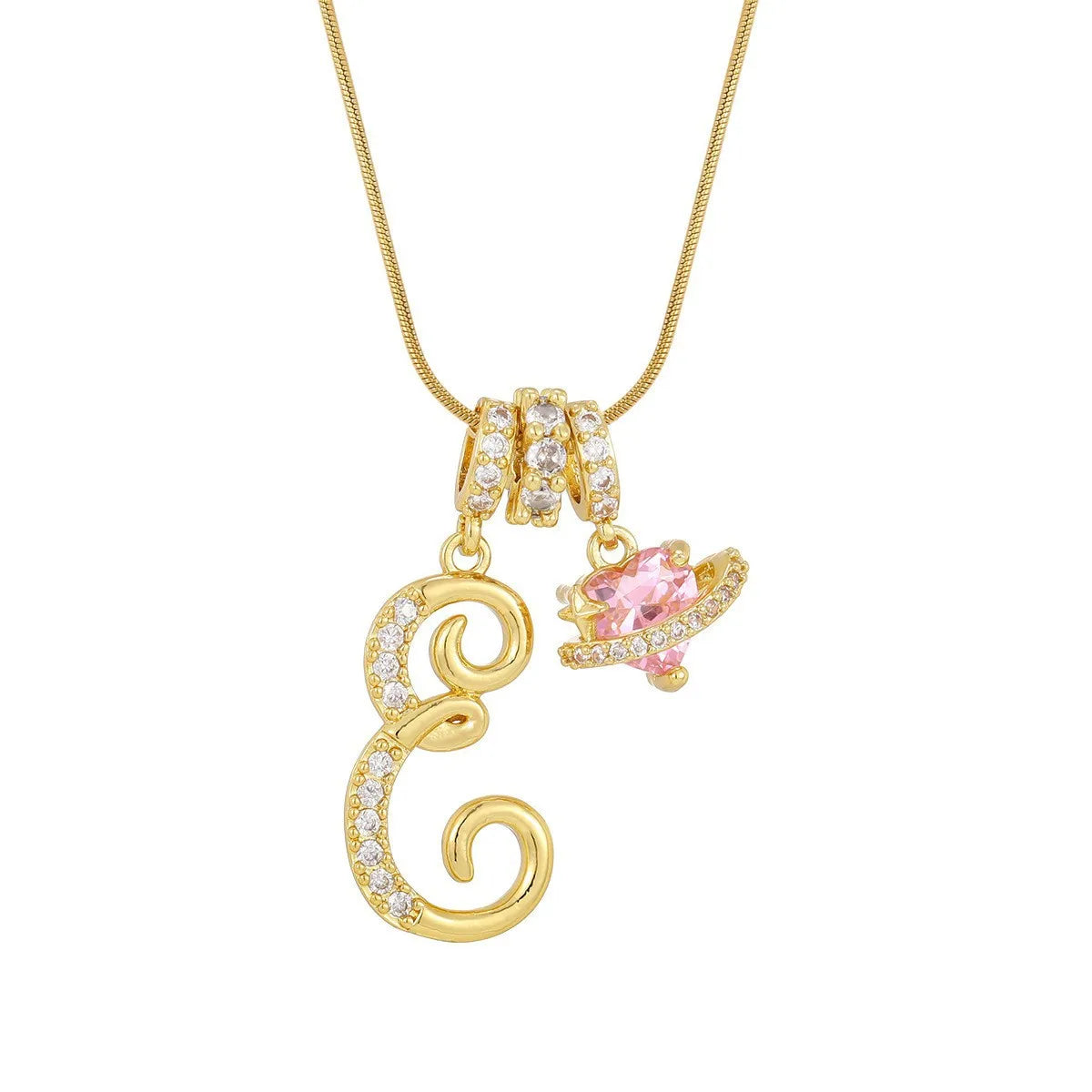 Gold letter pendant necklace featuring an initial and a pink gemstone charm
