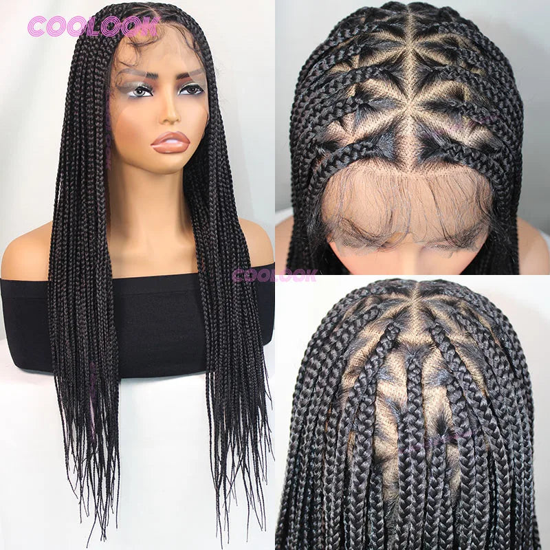 A close-up of a full lace box braid wig for black hair showing the braided texture and hairline.