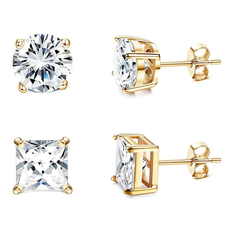 A set of simulated diamond stud earrings in 18K gold plated metal.