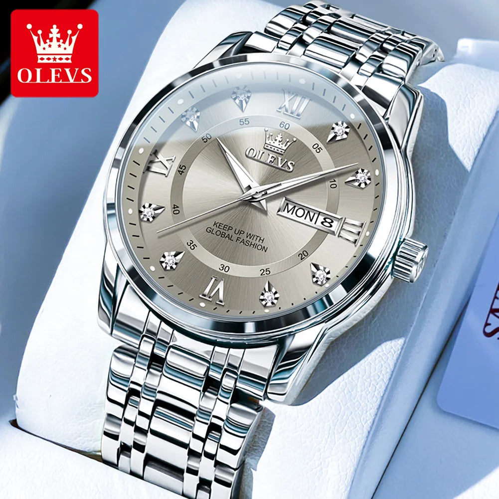 A stainless steel men's watch with a silver dial and metal bracelet displayed on a white background.