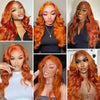 A collage of models showcasing various styles and shades of ginger orange loose wave wigs with lace fronts.