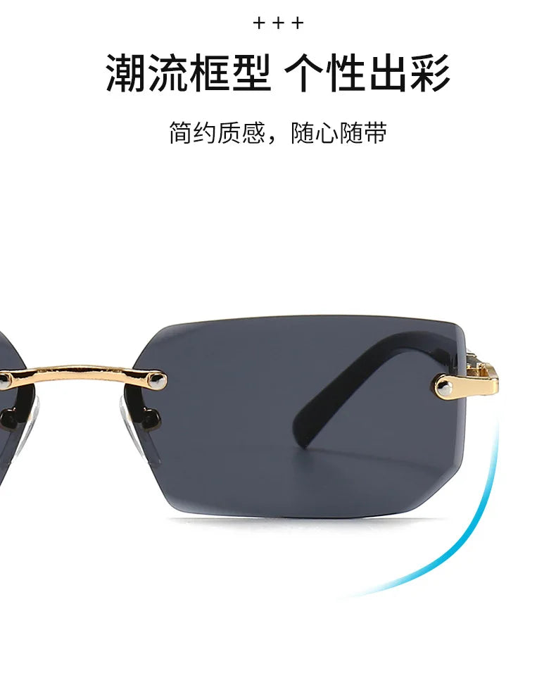 A pair of black rimless rectangle sunglasses with gold accents shown in a close-up view.