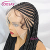 A woman modeling a black synthetic braided wig with a full lace front
