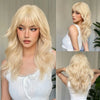 A blonde woman models a short wavy bob wig in white, shown from the front and side angles.