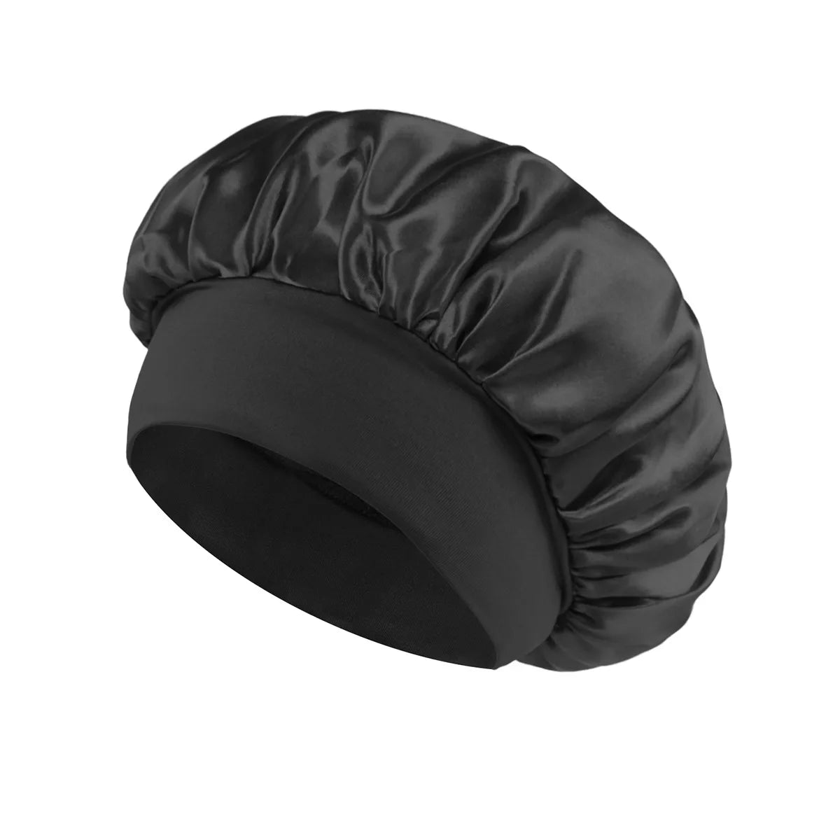 Bonete de satén negro para cabello rizado