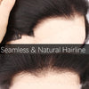 Close-up of a woman's forehead showing a seamless and natural hairline created by lace front hair toppers.