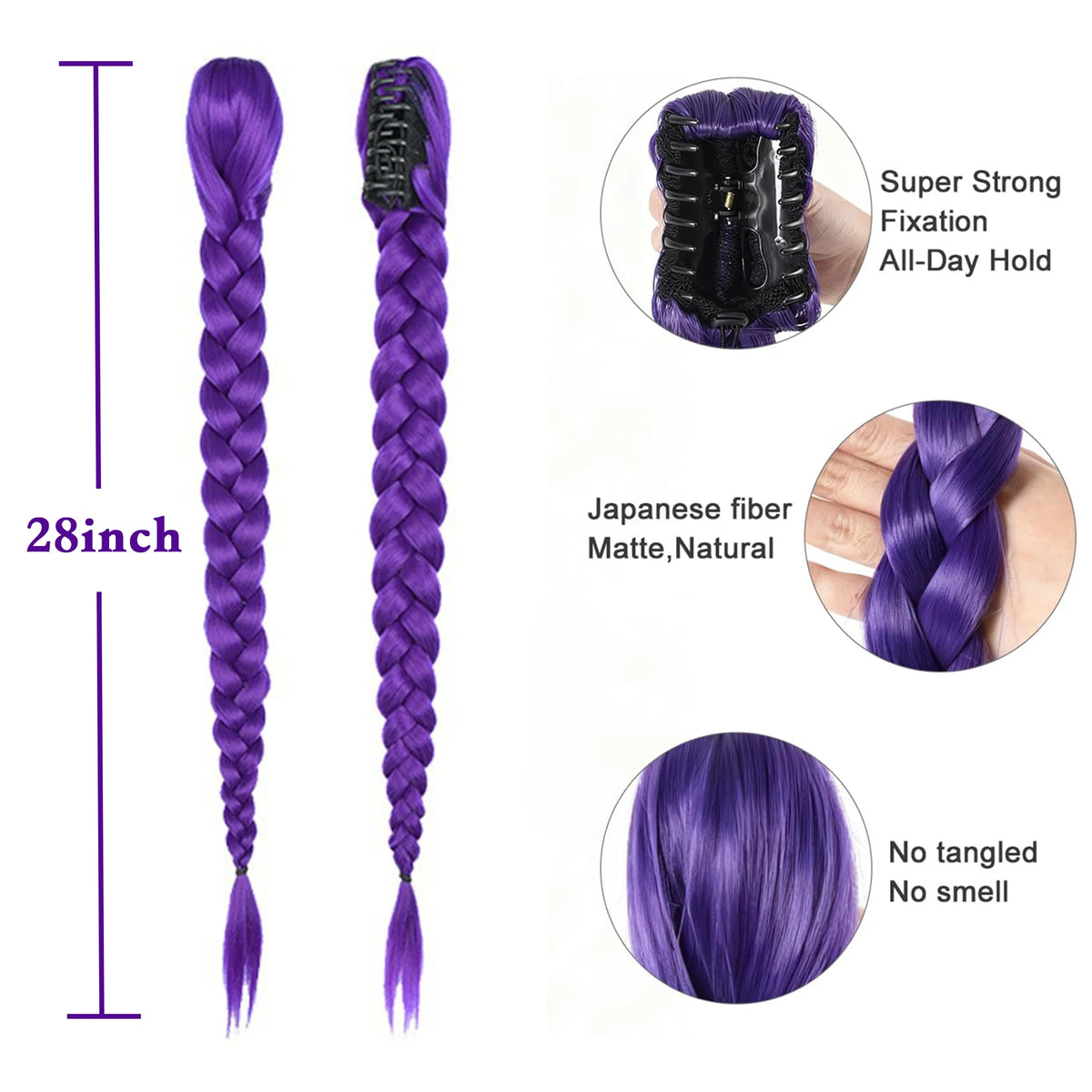 Purple braided hair extensions shown in various lengths and styles with instructions for strong fixation