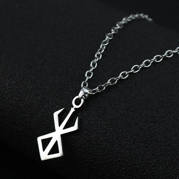 Silver necklace featuring an anime Berserk sword logo charm on a silver chain.