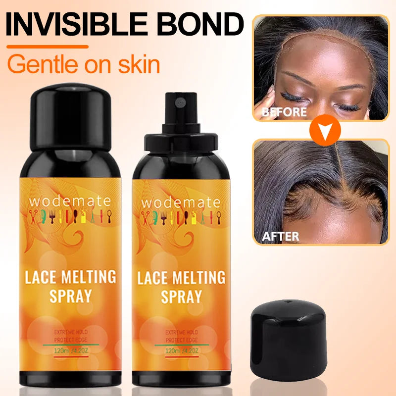 Bottle of wodemate lace melting spray with before and after results shown