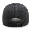 A dark gray denim baseball cap shown from the front view.