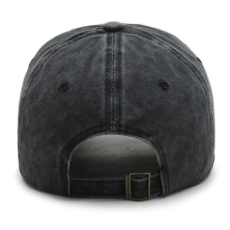 A dark gray denim baseball cap shown from the front view.