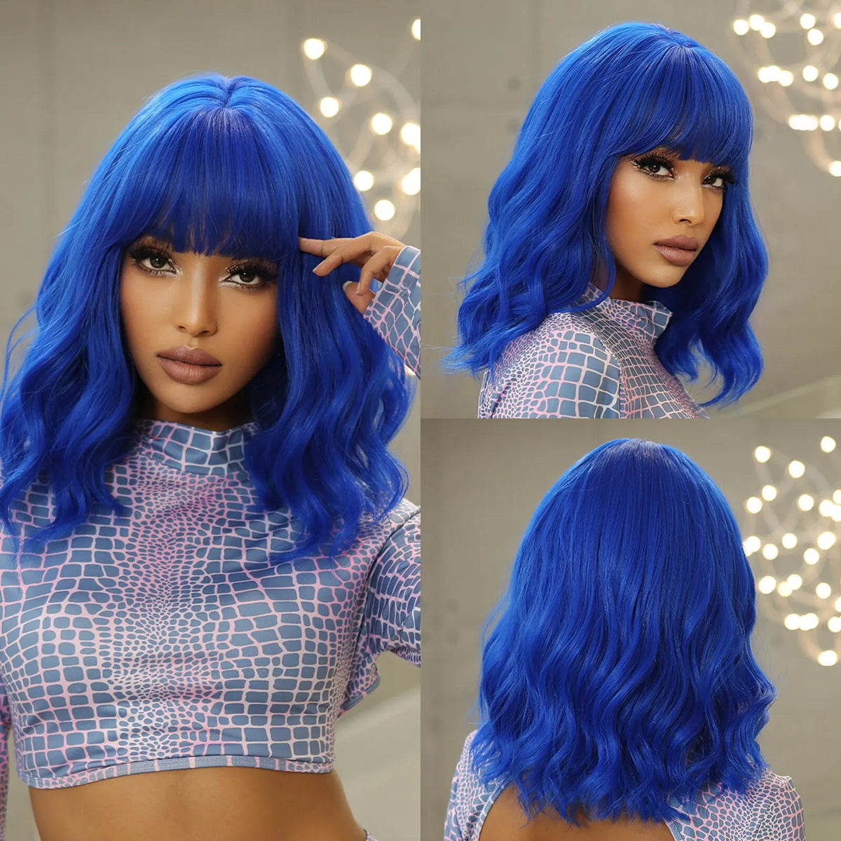 A close-up photo of a woman modeling a vibrant blue short wavy bob wig with bangs.