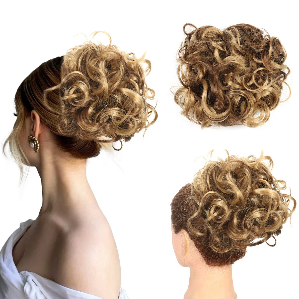 A woman's hair styled in a voluminous, curly chignon or messy bun using a synthetic hairpiece.