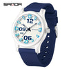 A white and blue digital-style watch with a dark blue silicone strap and silver accents.