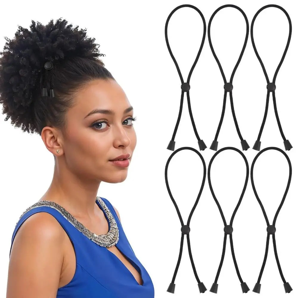 A woman shows off adjustable black hair ties designed for curly hair.