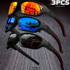Three pairs of polarized sports sunglasses in black and red on a dark background.