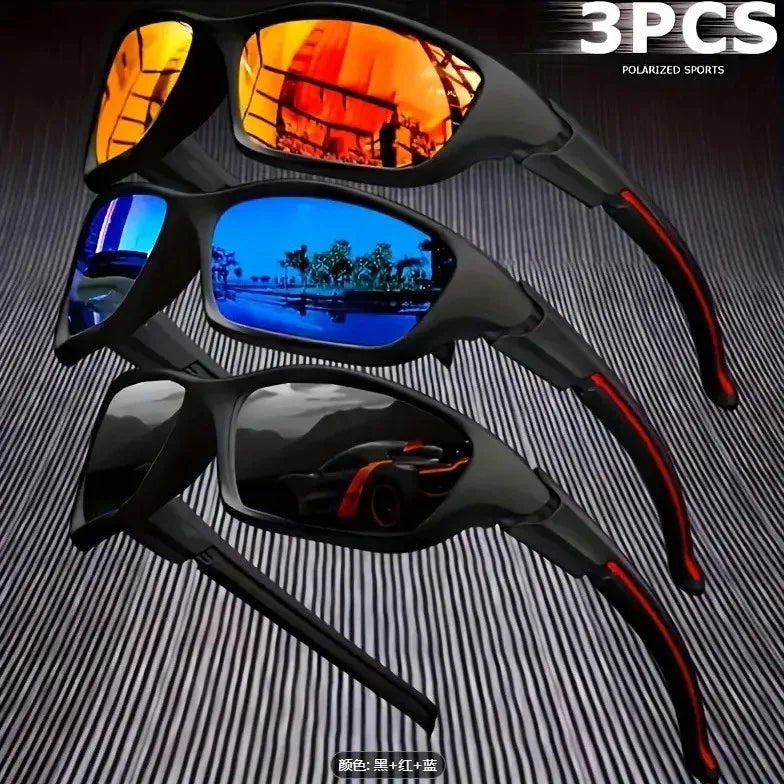 Three pairs of polarized sports sunglasses in black and red on a dark background.