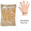 A clear plastic bag containing a beige breathable wig cap and a hand wearing a similar net.