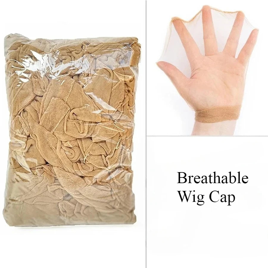 A clear plastic bag containing a beige breathable wig cap and a hand wearing a similar net.