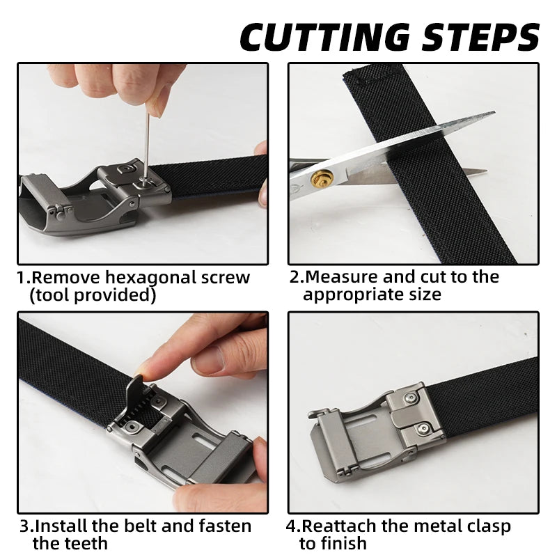 Quatre étapes montrant comment couper et installer une ceinture à cliquet tactique pour le port EDC et CCW