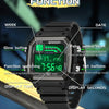 A close-up of a dark digital sports wristwatch showing various function indicators and buttons.