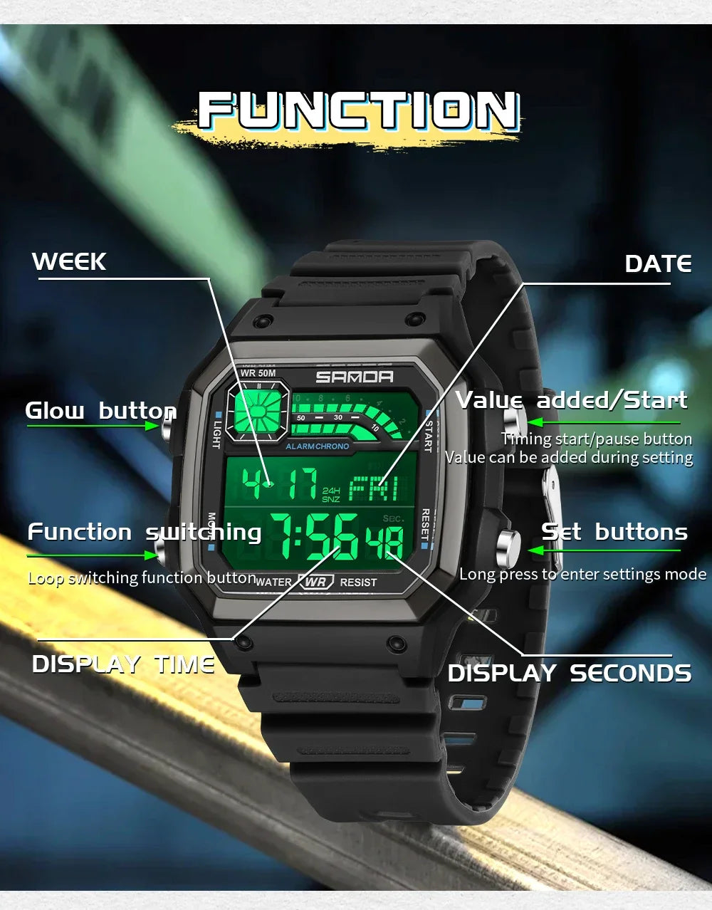 A close-up of a dark digital sports wristwatch showing various function indicators and buttons.