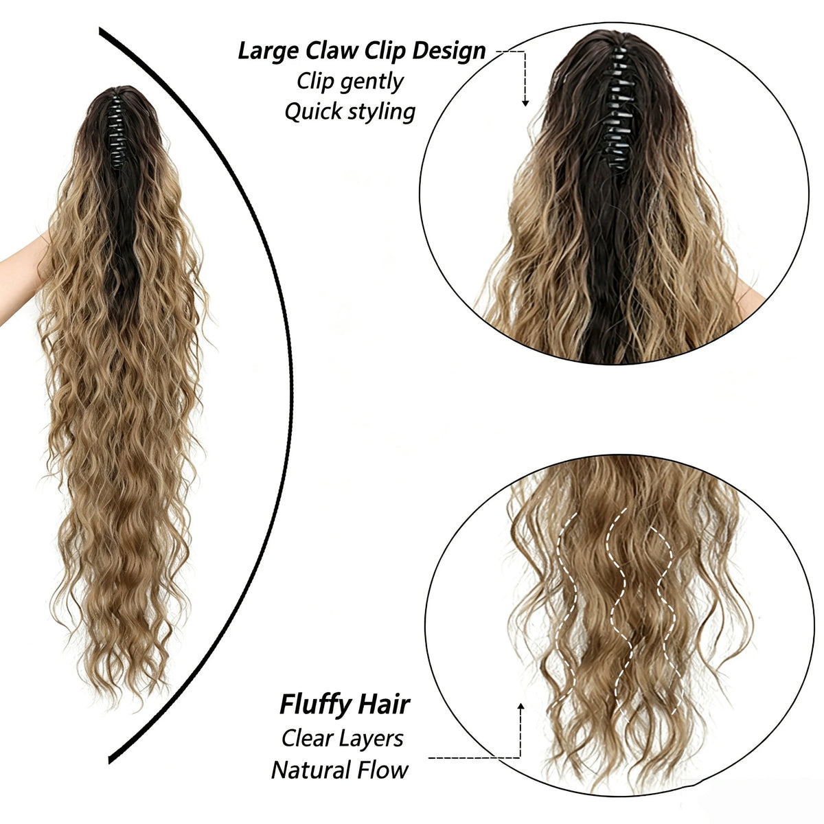 A long, wavy brown hair extension is shown with various styling options including a large claw clip design and fluffy layers.